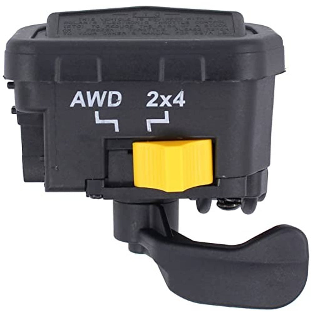Black thumb throttle lever with AWD and 2x4 labels, yellow push-button switch