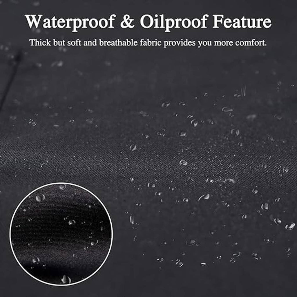 Black apron fabric close-up with water droplets for waterproof, oilproof feature