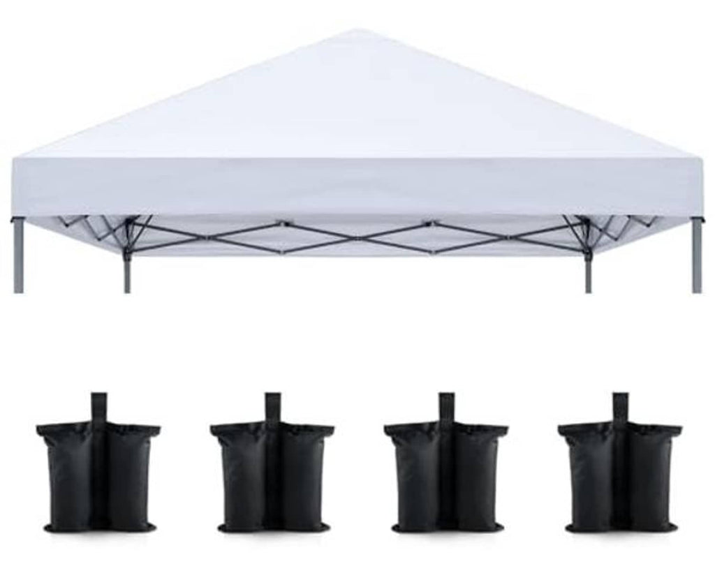 White pop-up canopy top cover with 4 sandbags, front view