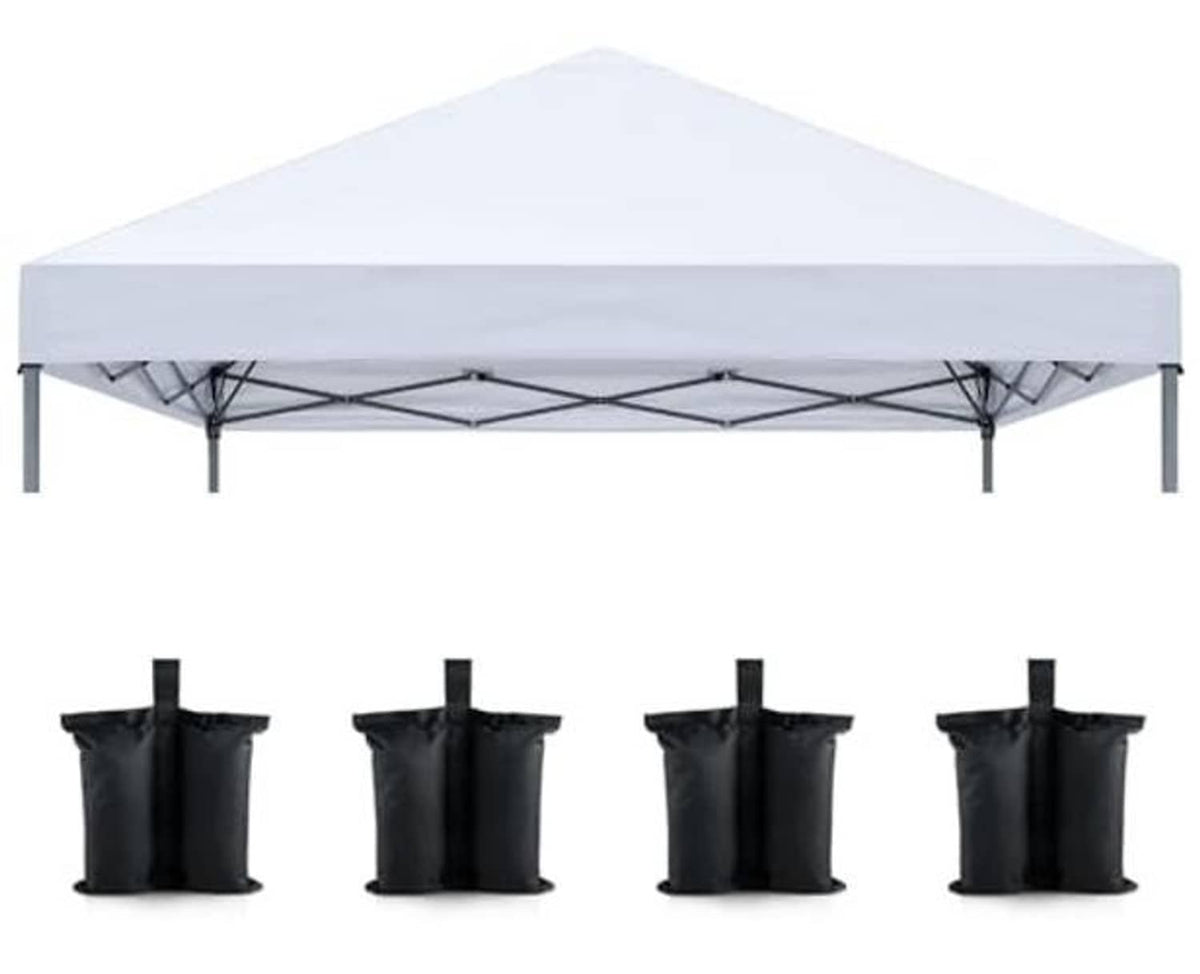 White pop-up canopy top cover with 4 sandbags, front view
