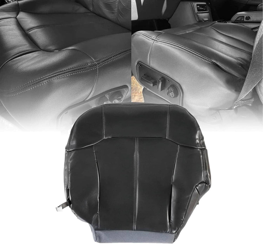 Dark gray leather seat cover bottom with stitched seams and molded control opening
