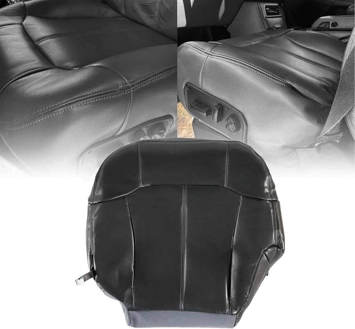 Dark gray leather seat cover bottom with stitched seams and molded control opening