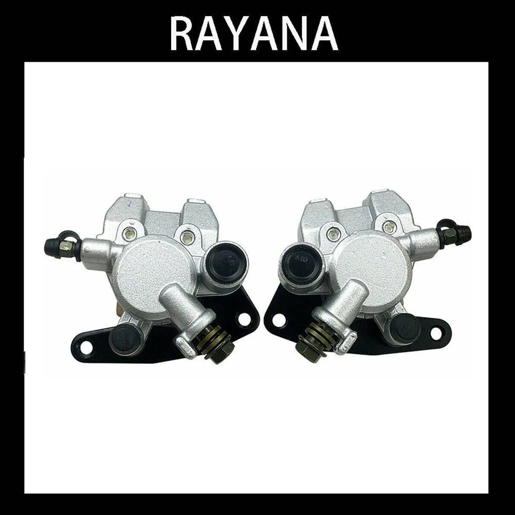 Front brake calipers pair, silver metal with black rubber fittings and mounting brackets