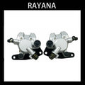 Front brake calipers pair, silver metal with black rubber fittings and mounting brackets