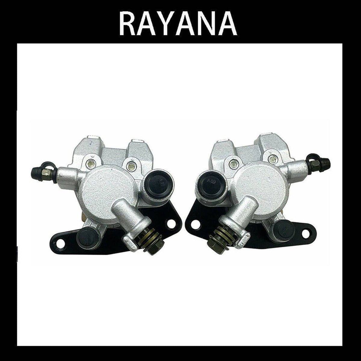 Front brake calipers pair, silver metal with black rubber fittings and mounting brackets