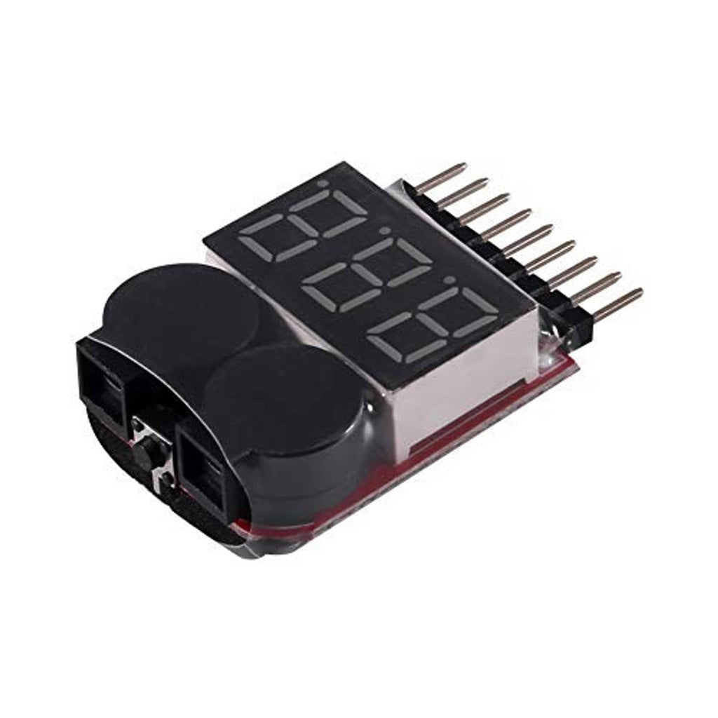 Lipo battery voltage tester with display window, dual round pads, and side charging port