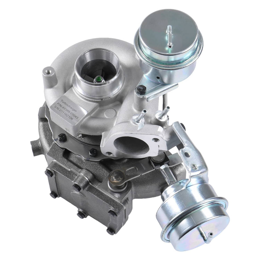Turbocharger assembly with compressor housing and side inlet, silver metal finish