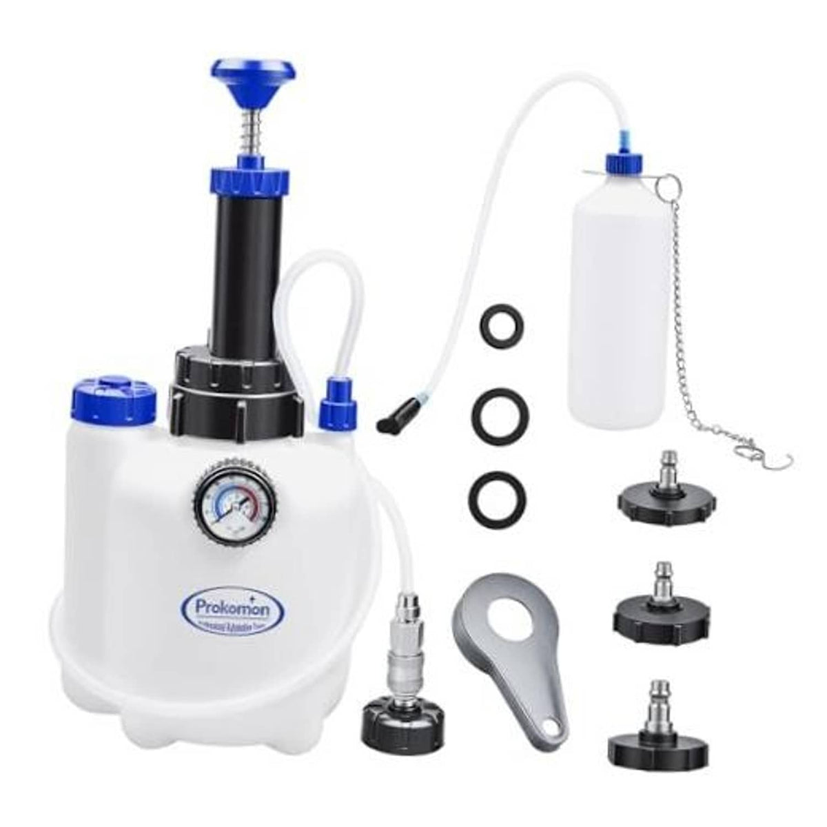 Manual brake bleeder fluid pump kit with gauge, blue fittings, hoses and adapters