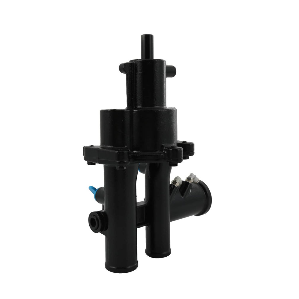 Black sea water pump assembly with blue side fitting and curved outlet pipe