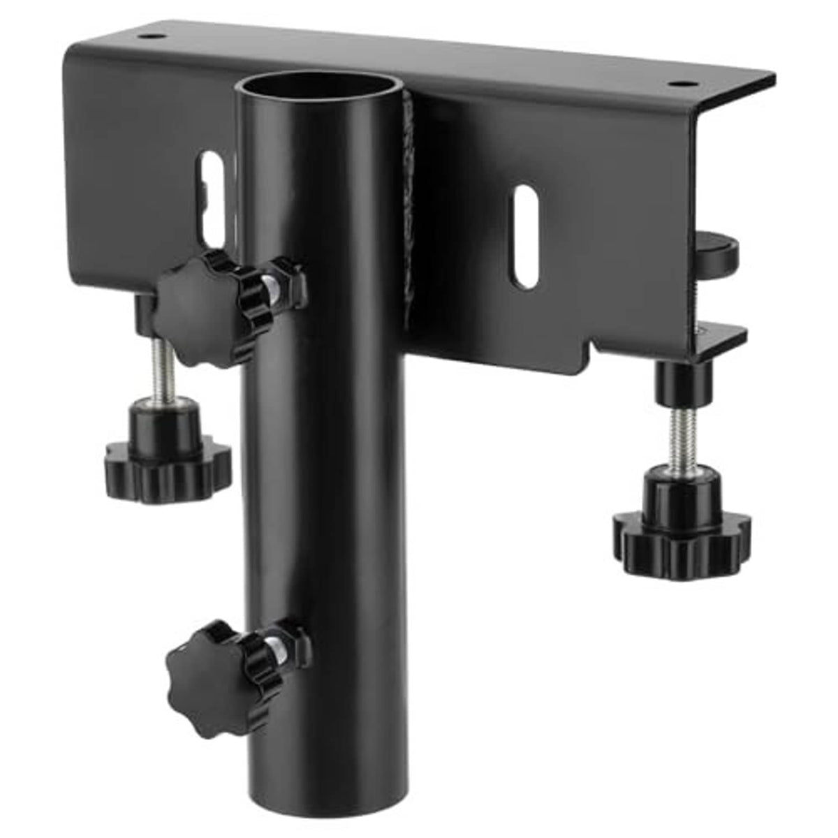 Black universal truck flag pole mount bracket with mounting arms and clamp screws
