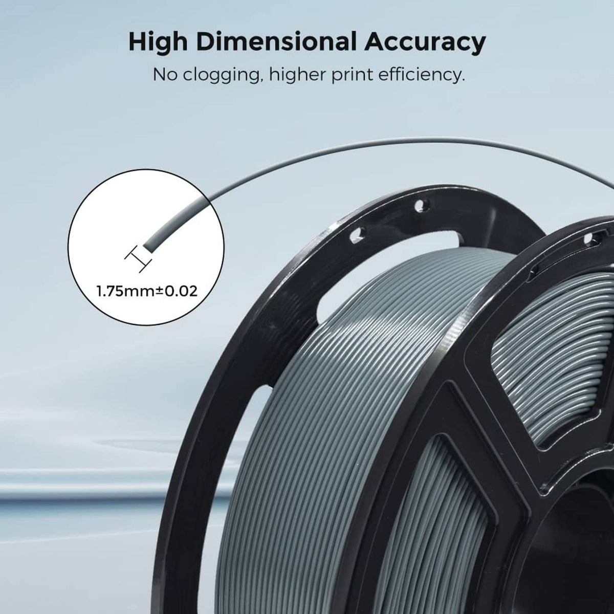 Grey PLA filament spool with close-up inset showing 1.75mm diameter