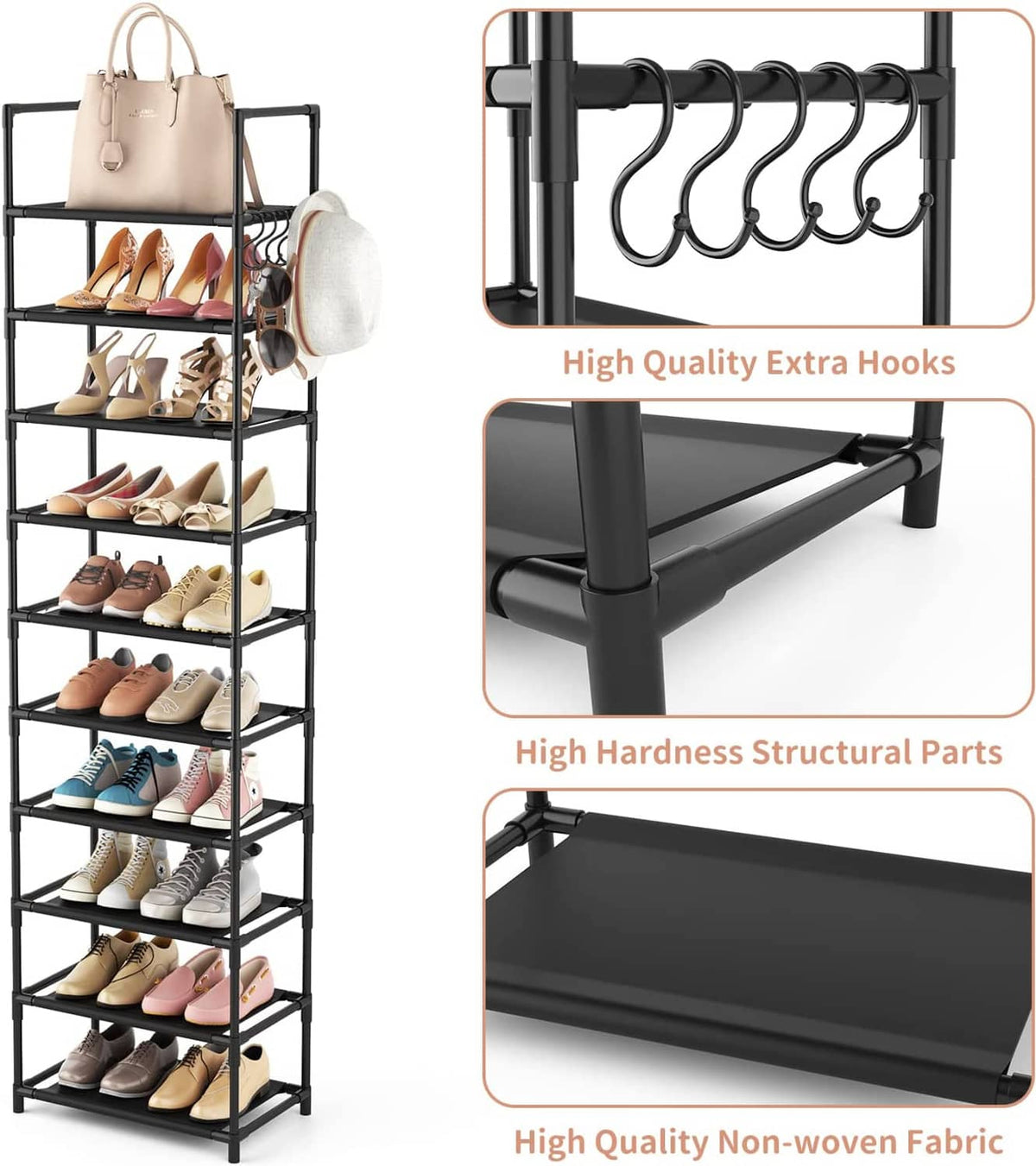Black shoe rack with extra side hooks and sturdy metal frame details