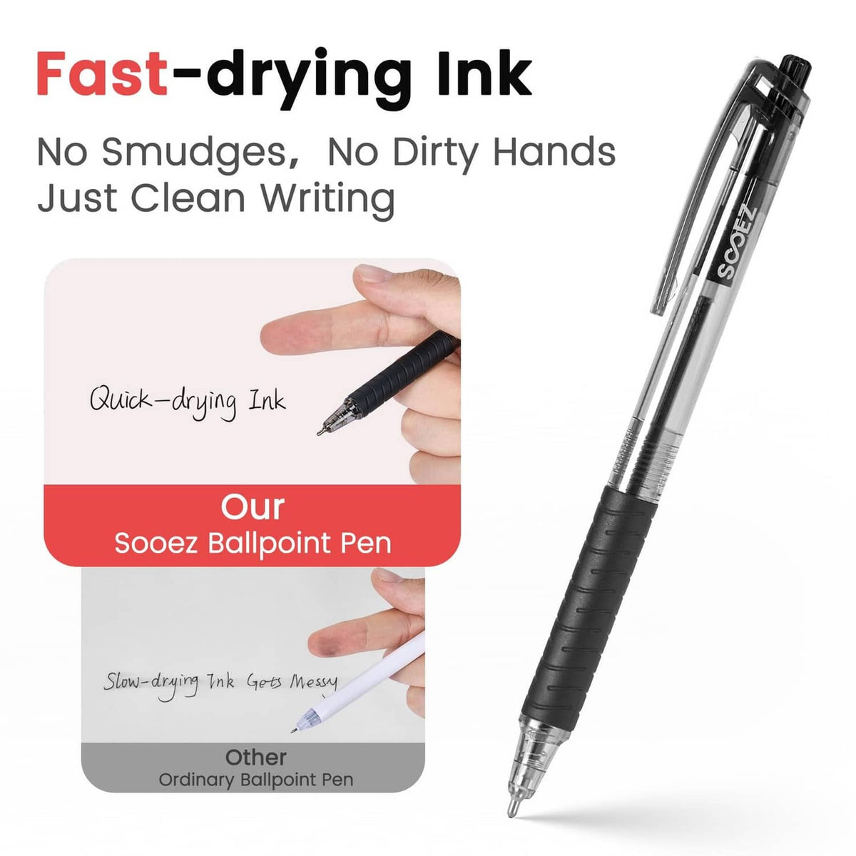 Black ballpoint pen with retractable tip and quick-drying ink