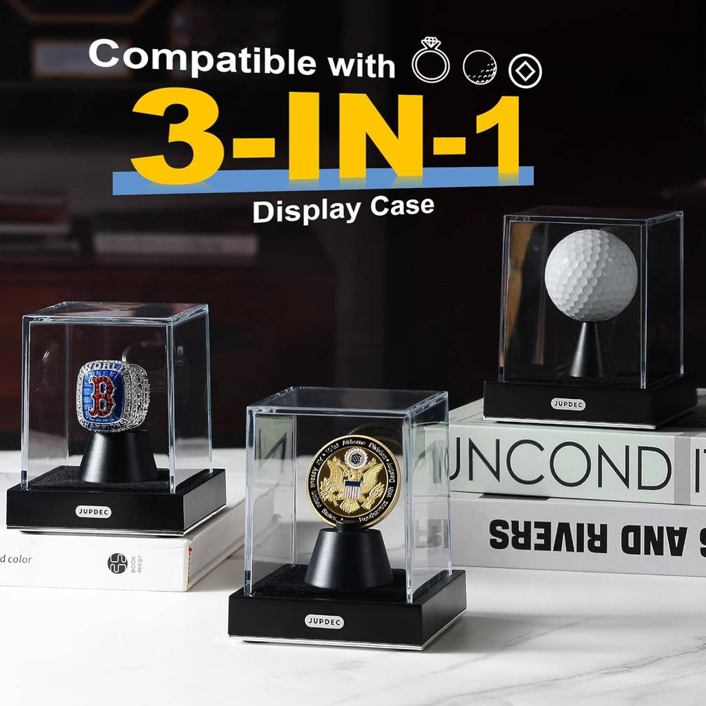 Set of clear acrylic ring display cases with black bases and cone holders