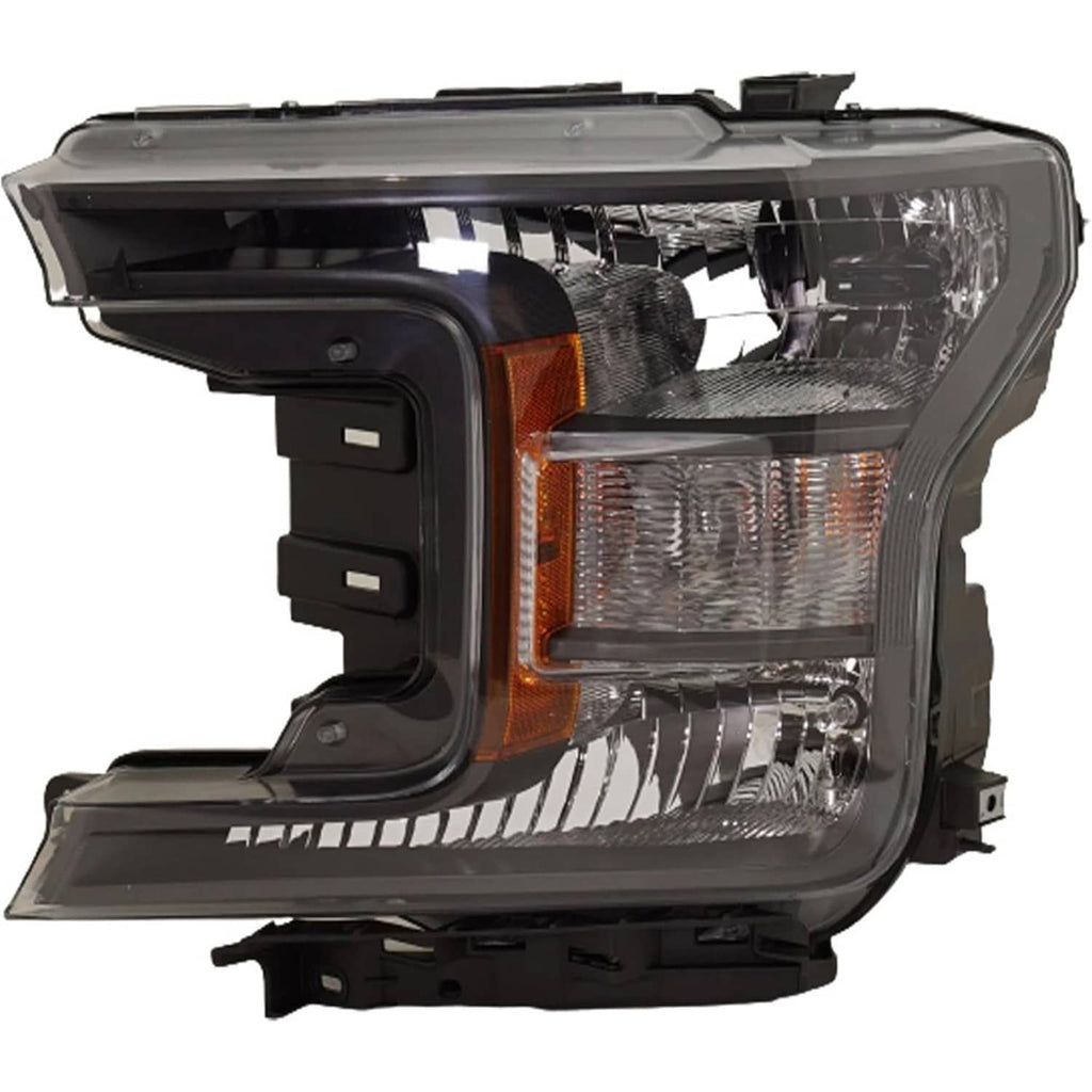 Black headlight assembly with clear lens and amber side marker corner