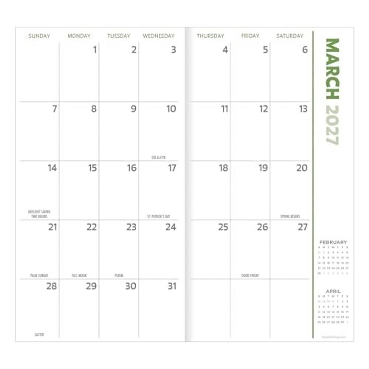 Calendar grid page with vertical March 2027 label and weekday columns