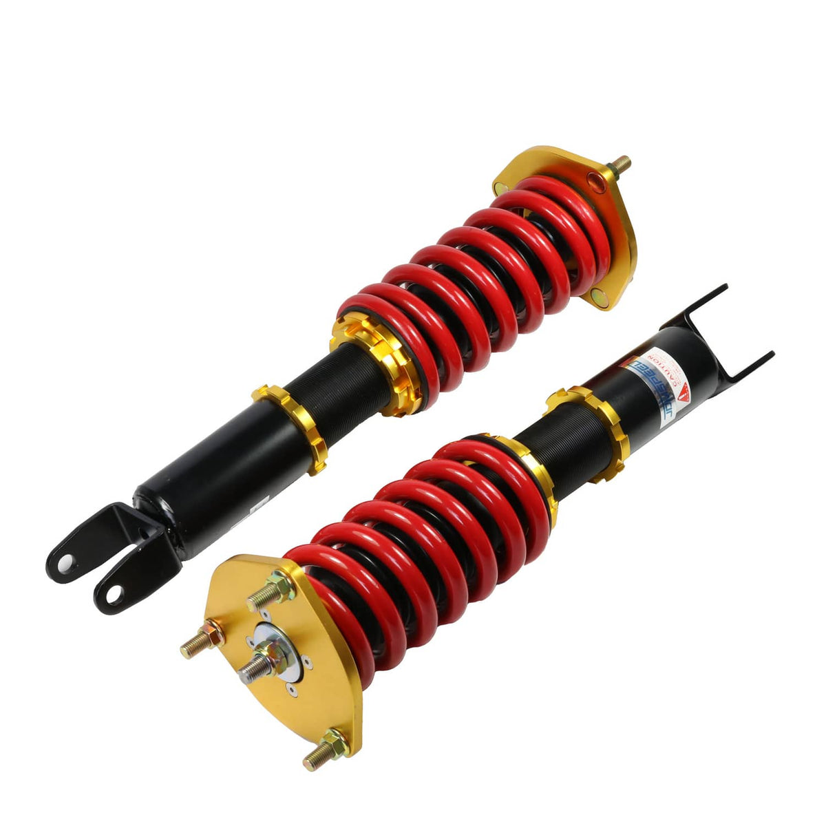 Adjustable coilover shock struts with red springs, black dampers, and gold upper plates