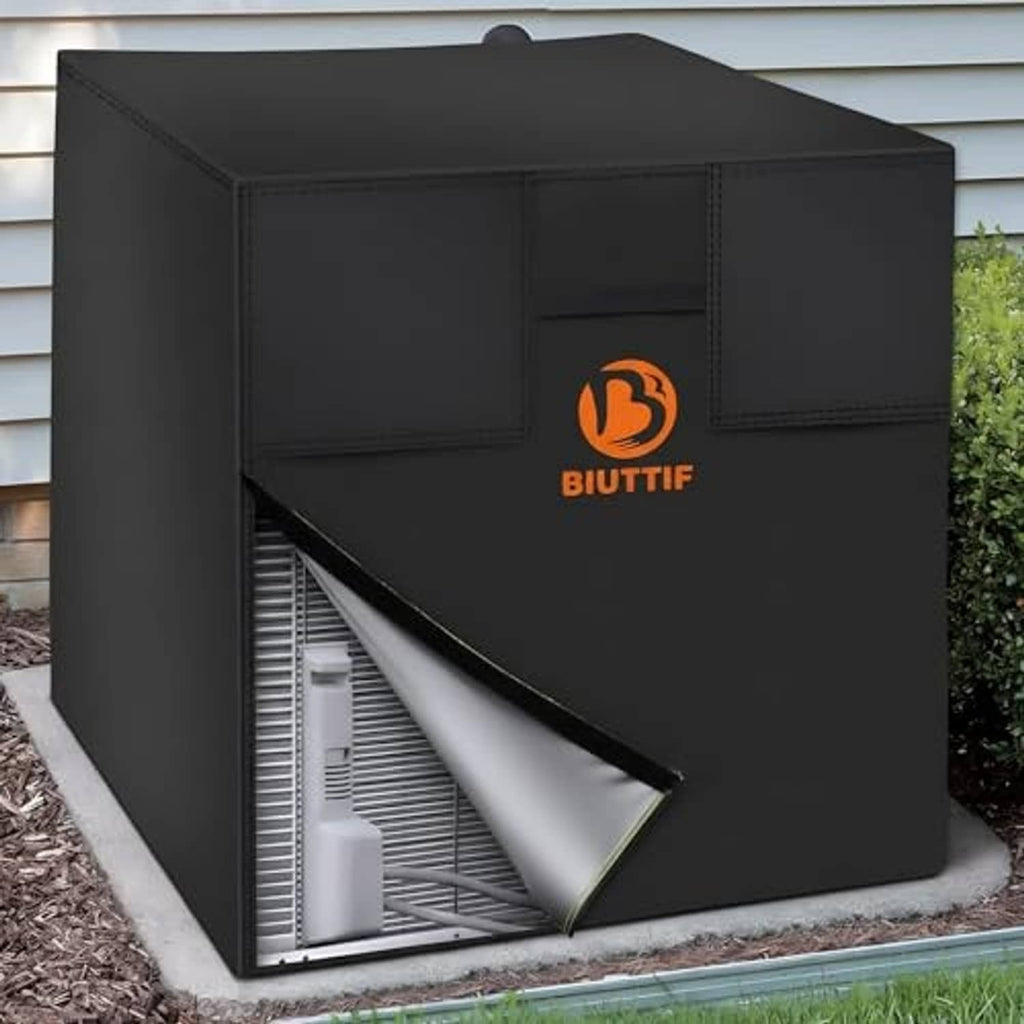 Outdoor air conditioner unit cover, black rectangular with front opening and BIUTTIF logo