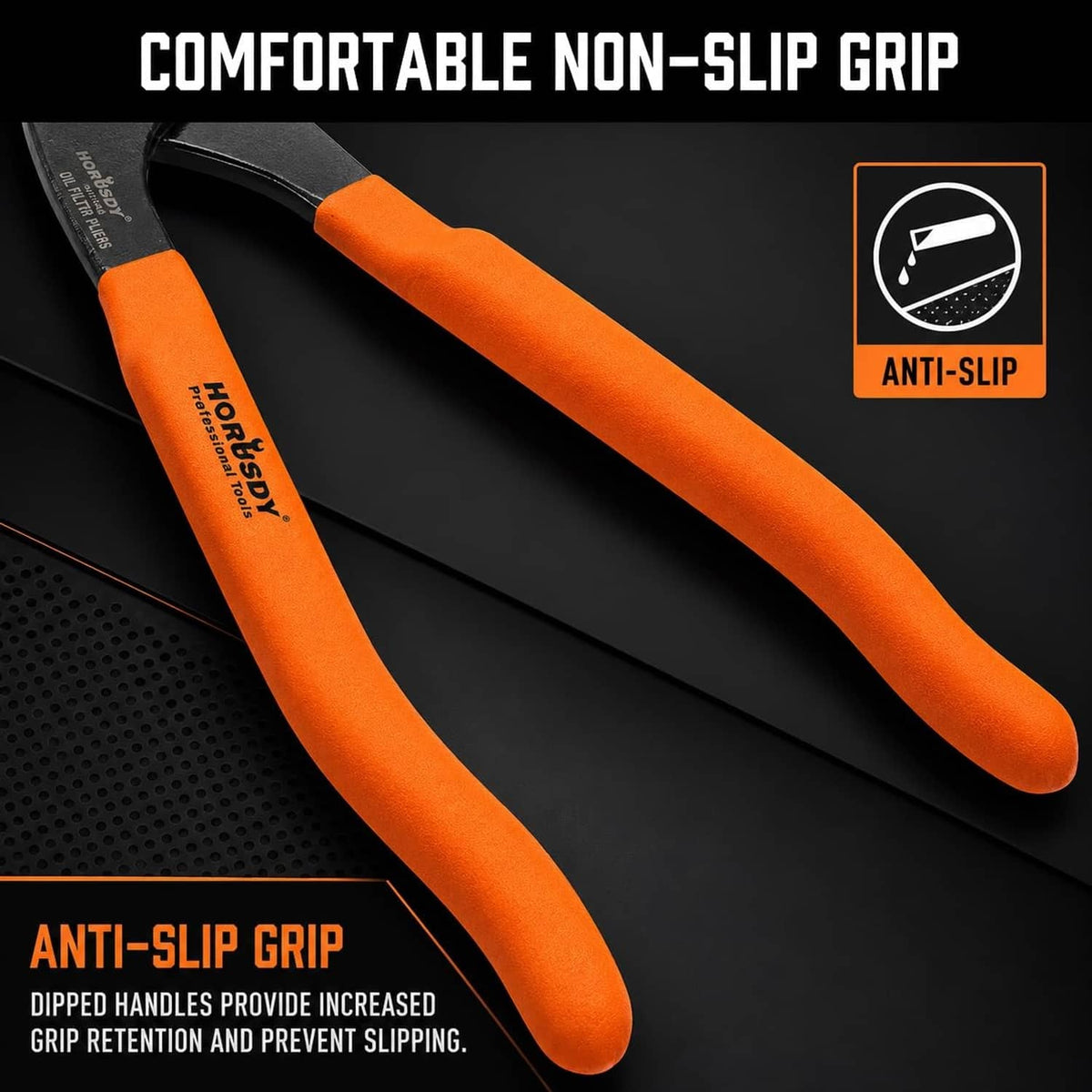 Non-slip grip oil filter pliers with orange textured handles and black head.