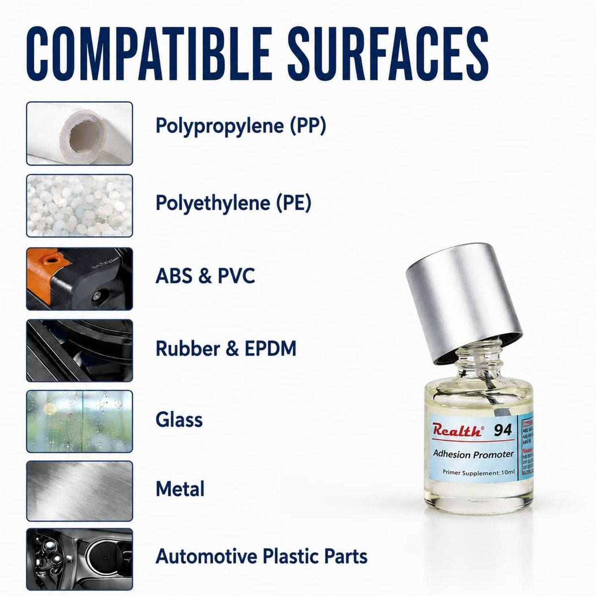 Adhesion promoter bottle with compatibility icons for plastics and metal surfaces.