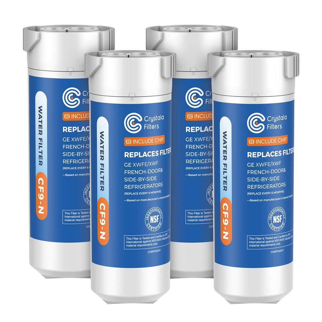 Refrigerator water filter cartridges, 4-pack, white cylinders with blue label and chip
