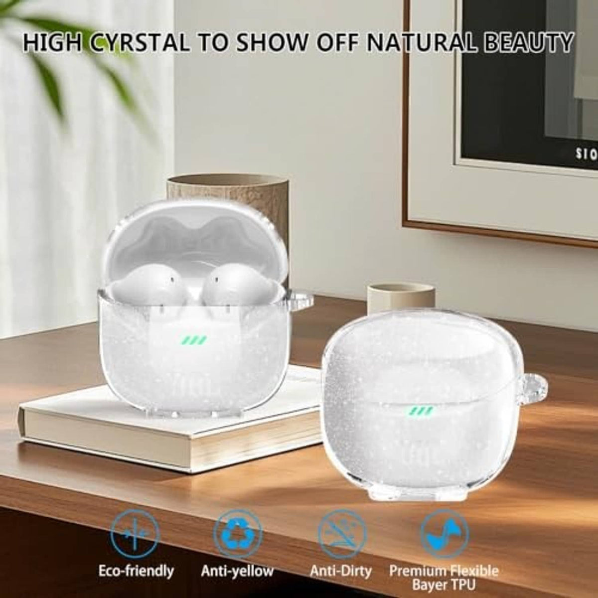 Two clear glitter earbuds cases on a desk, earbuds inside for transparent look