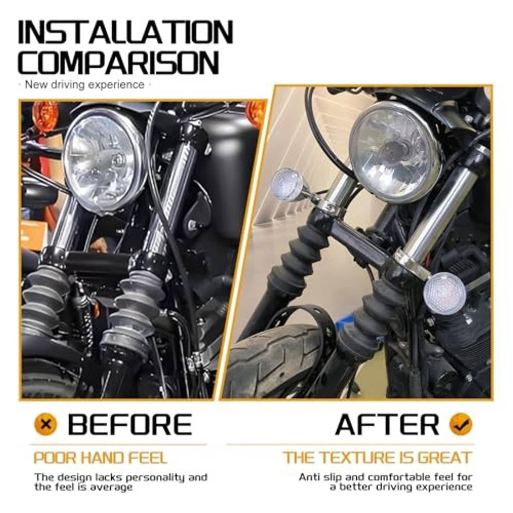 LED turn signal lamp mounted on motorcycle fork, white circular lens