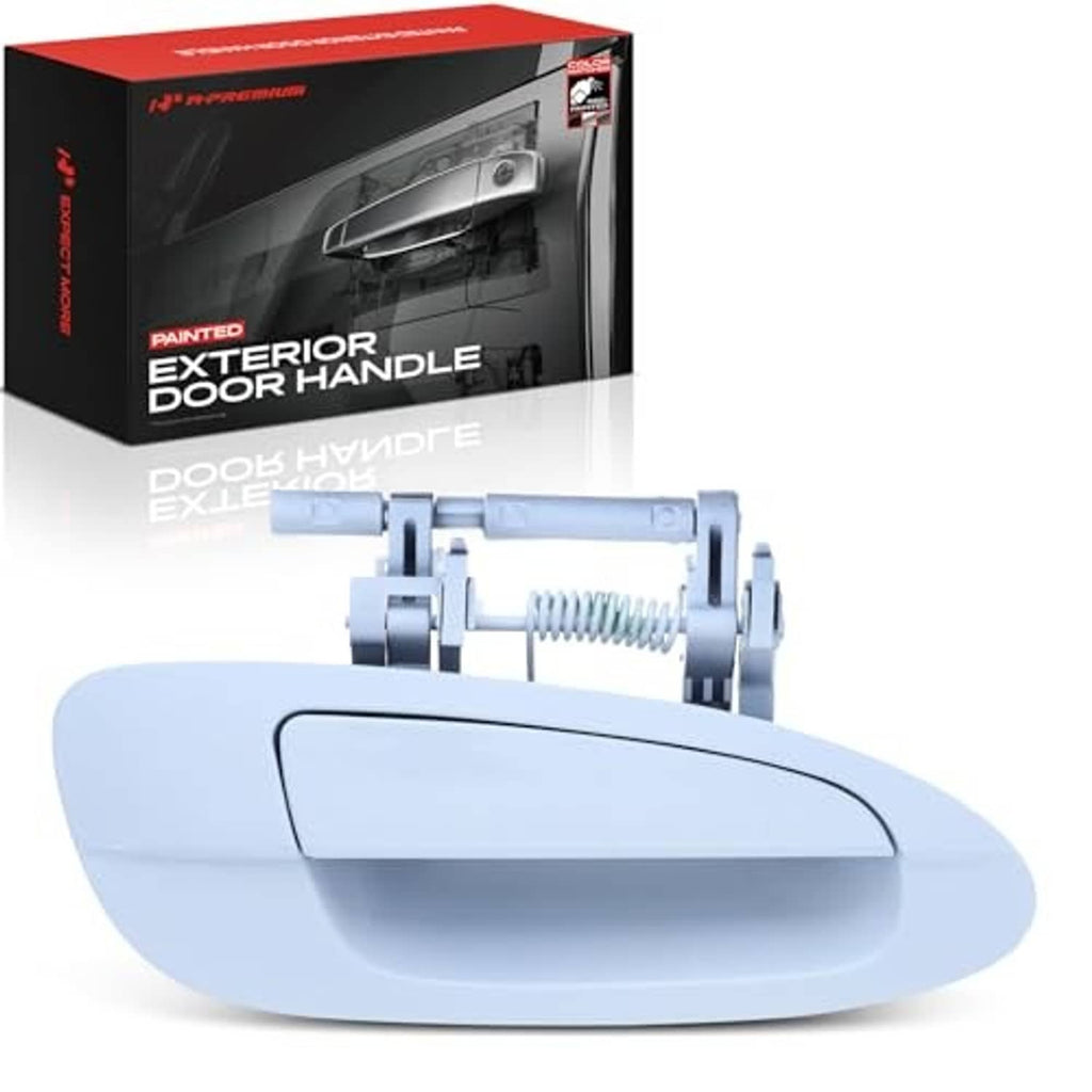 Painted exterior door handle in light blue finish, with product box behind