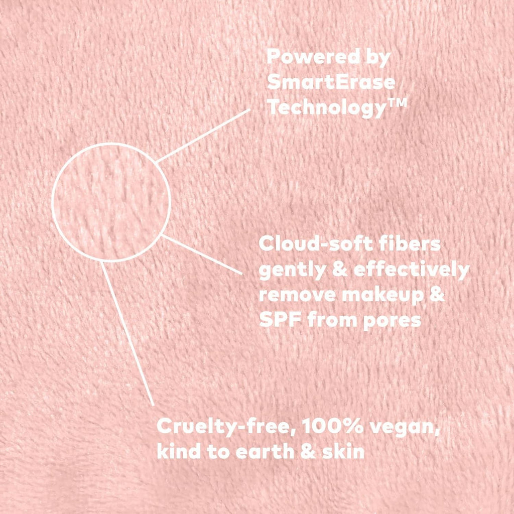 Pink plush makeup eraser towel fabric close-up with soft cloud-soft fibers