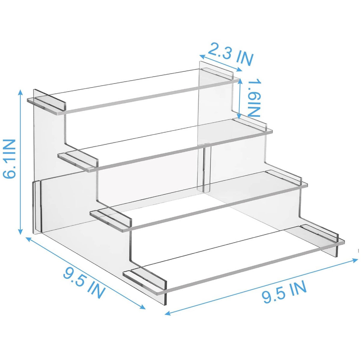 Clear 4-tier acrylic display riser with visible width and height measurement lines