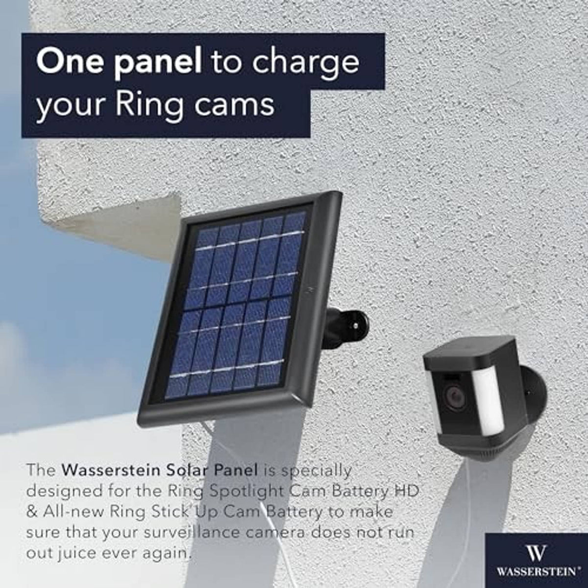 Wall-mounted solar panel charger with blue cells next to a spotlight camera unit