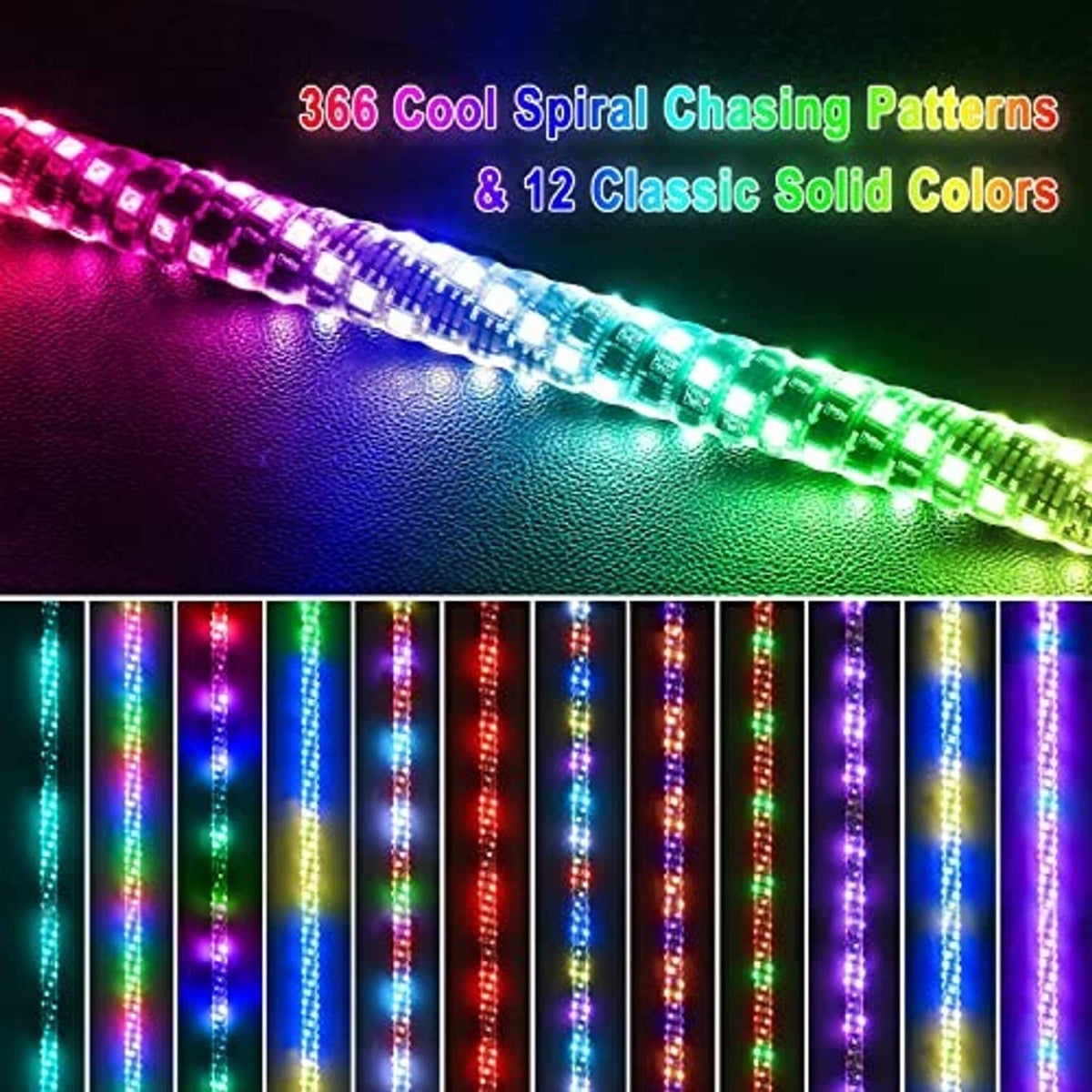 RGB LED whip light strip showing chase and classic solid color options