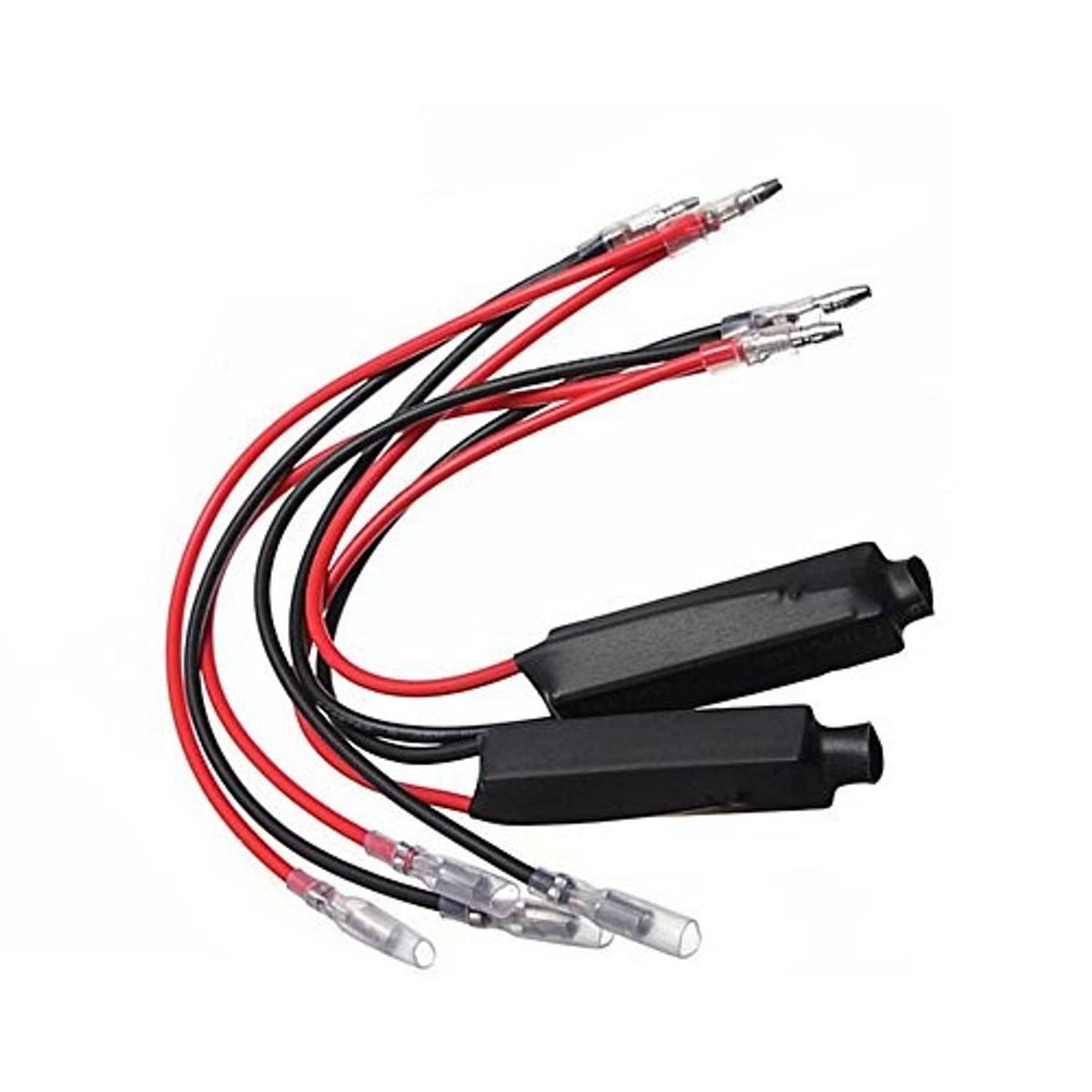 LED load resistor wiring set with two black connector blocks and red/black leads, clear ends