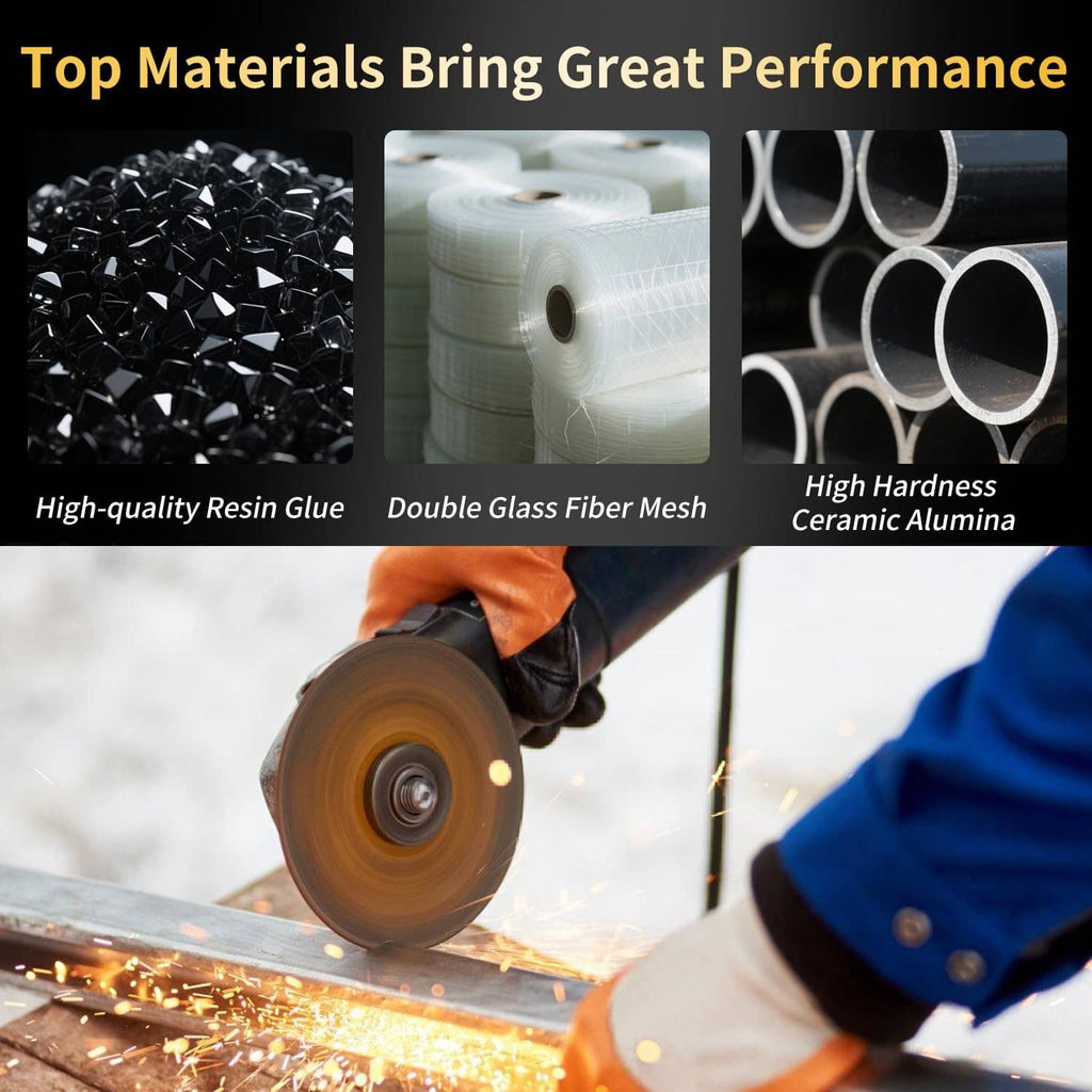 Metal cutting disc grinding sparks, with resin glue and fiber mesh material insets
