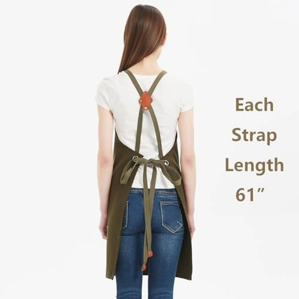 Olive green chef apron back view with cross-back straps and adjustable waist ties