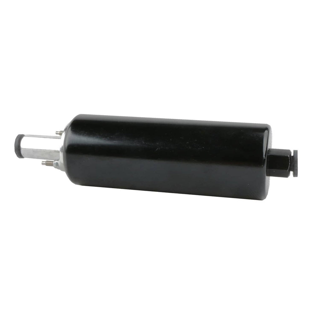 Black inline fuel pump with silver metal terminals and connector fittings on one end
