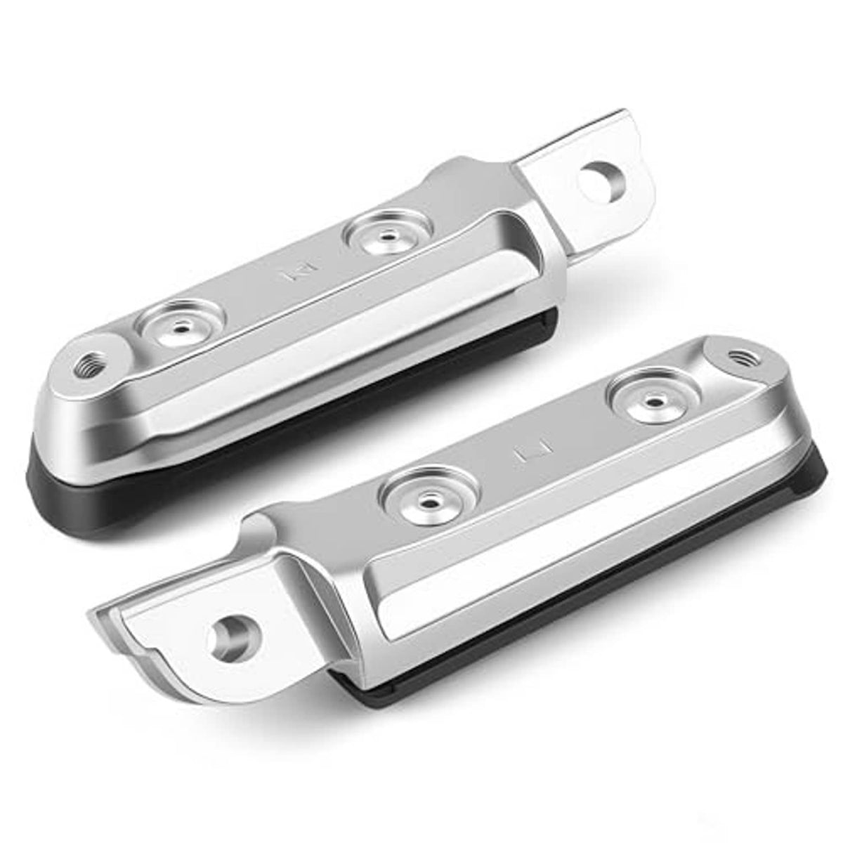 Motorcycle footrest bases: silver plates with black rubber inserts and mounting holes