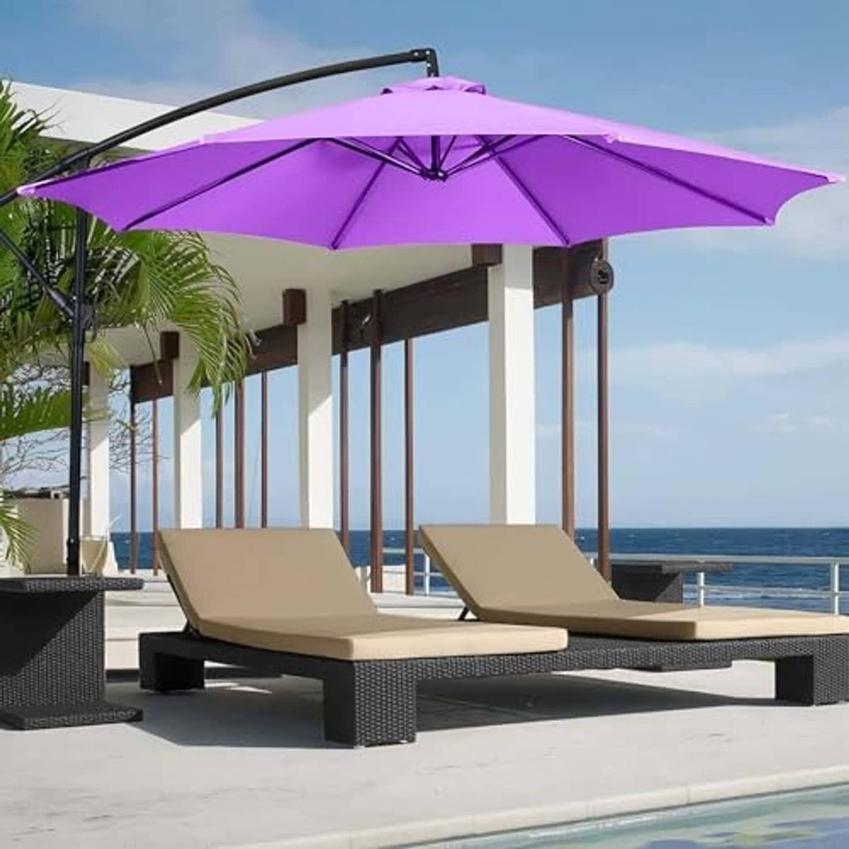 Purple octagonal patio umbrella replacement canopy installed over outdoor seating