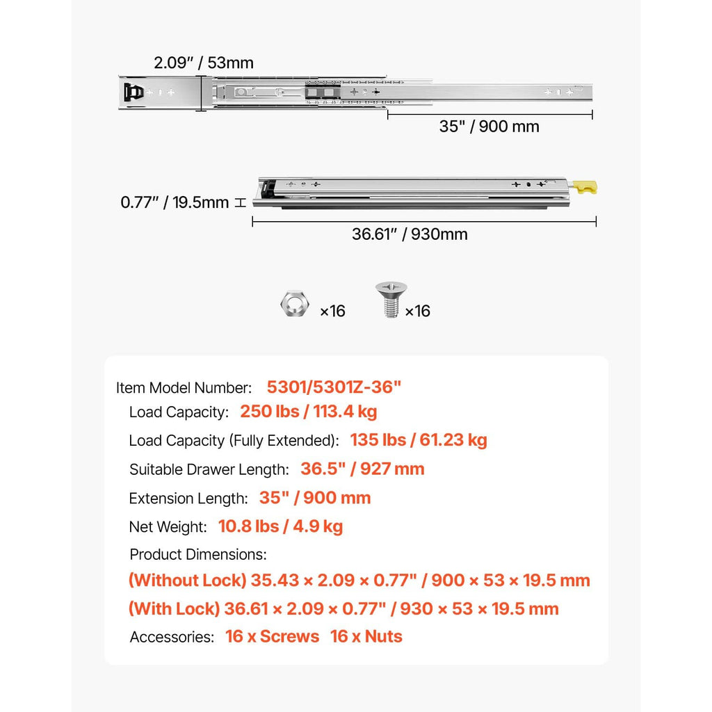 Lockable ball bearing drawer slide dimensions with included screws and nuts shown