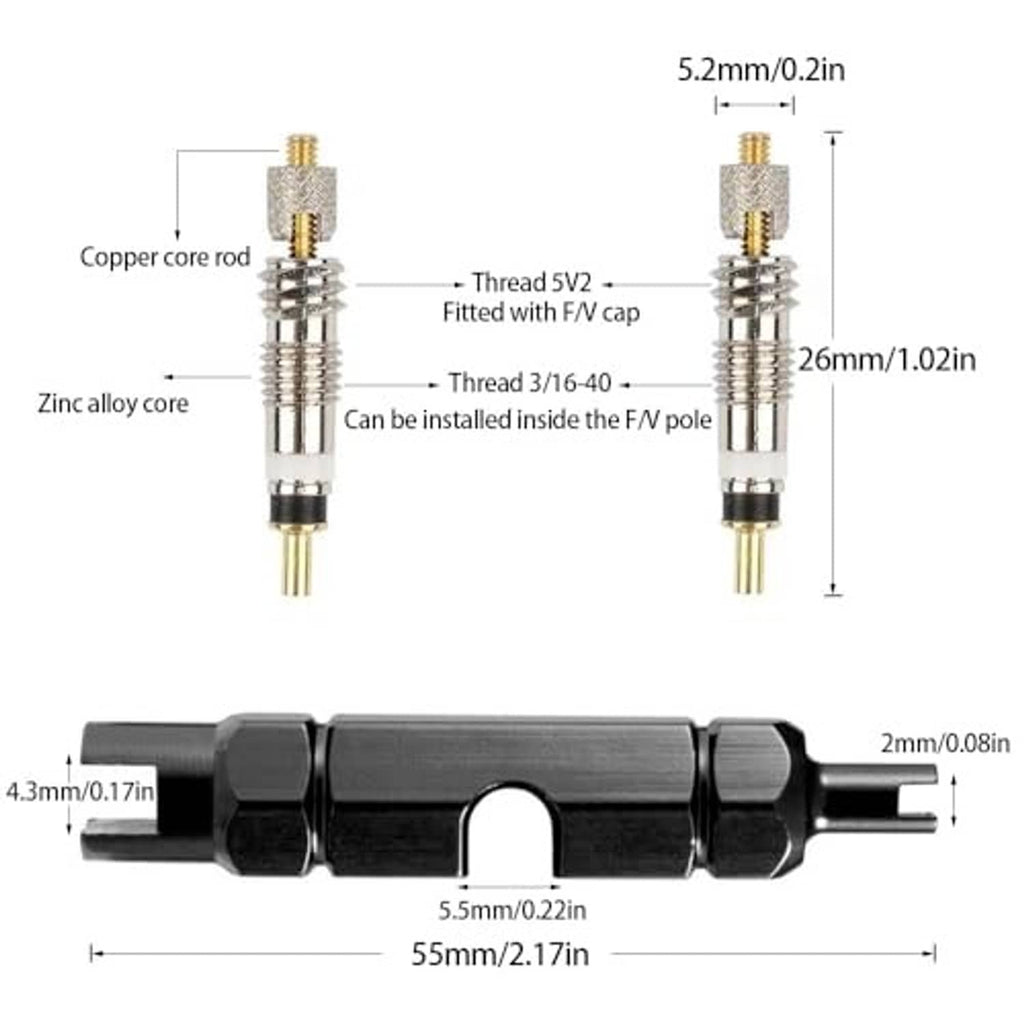 Presta valve core remover tool and valve core cross-sections with size markings