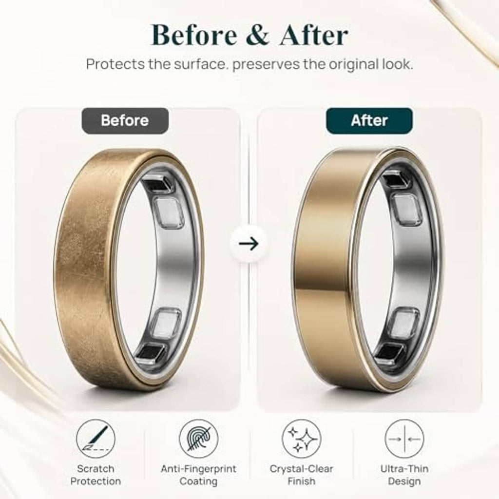 Protective film before-and-after look on gold Oura ring surface