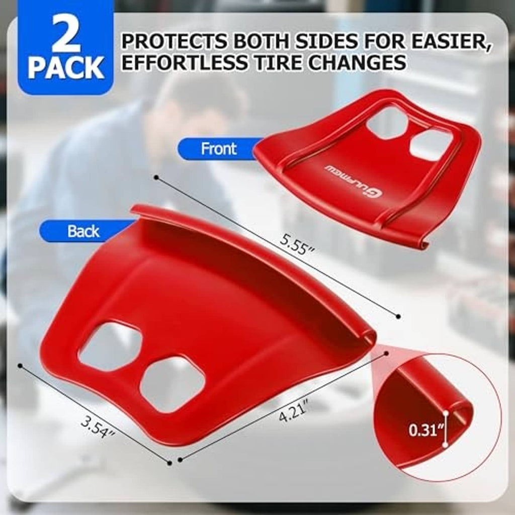 2-pack red wheel rim protectors with side coverage shown, curved front and back pieces.