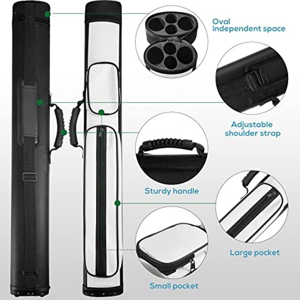 Hard oval pool cue case with adjustable shoulder strap, handle, and storage pockets