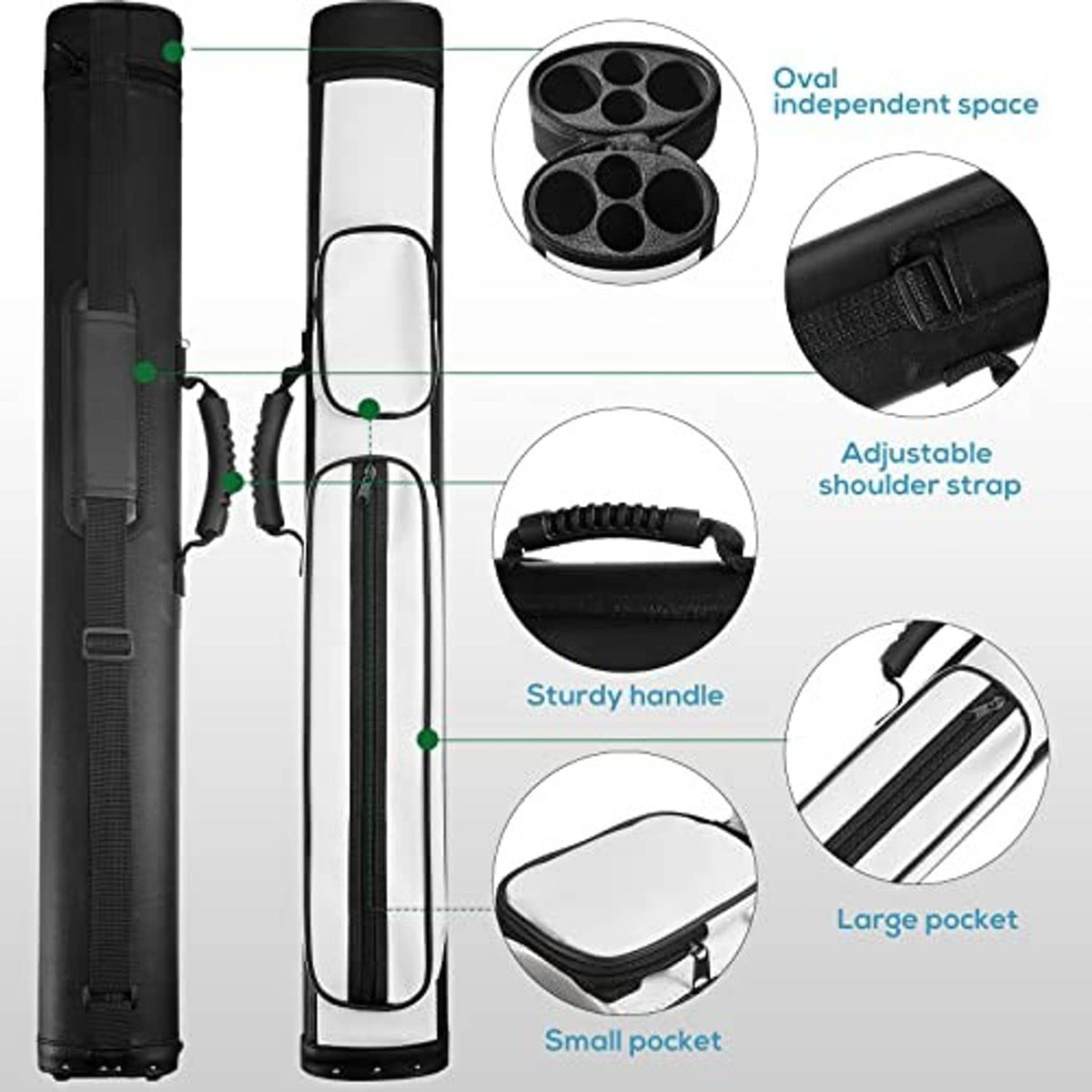 Hard oval pool cue case with adjustable shoulder strap, handle, and storage pockets
