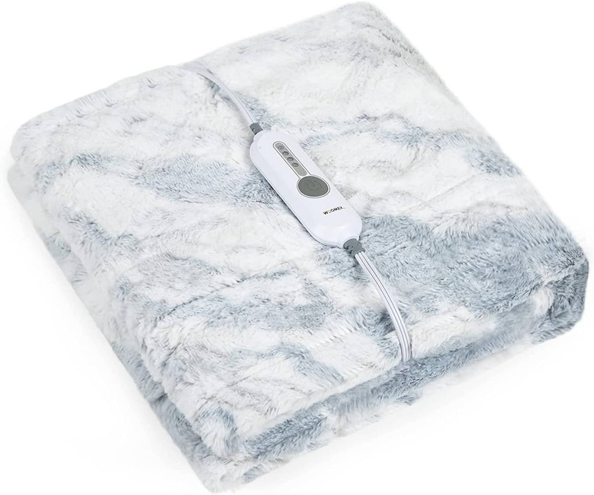 Folded light blue and white faux fur heated throw blanket with controller attached