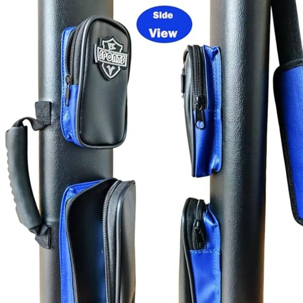 Black pool cue case with blue zipper pocket and internal cue holder compartments
