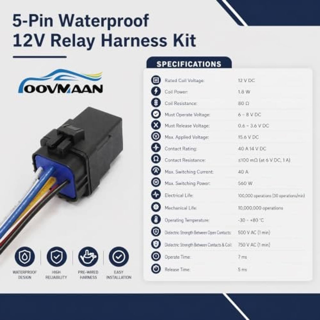 Black 5-pin relay harness kit with blue connector and color-coded wire leads
