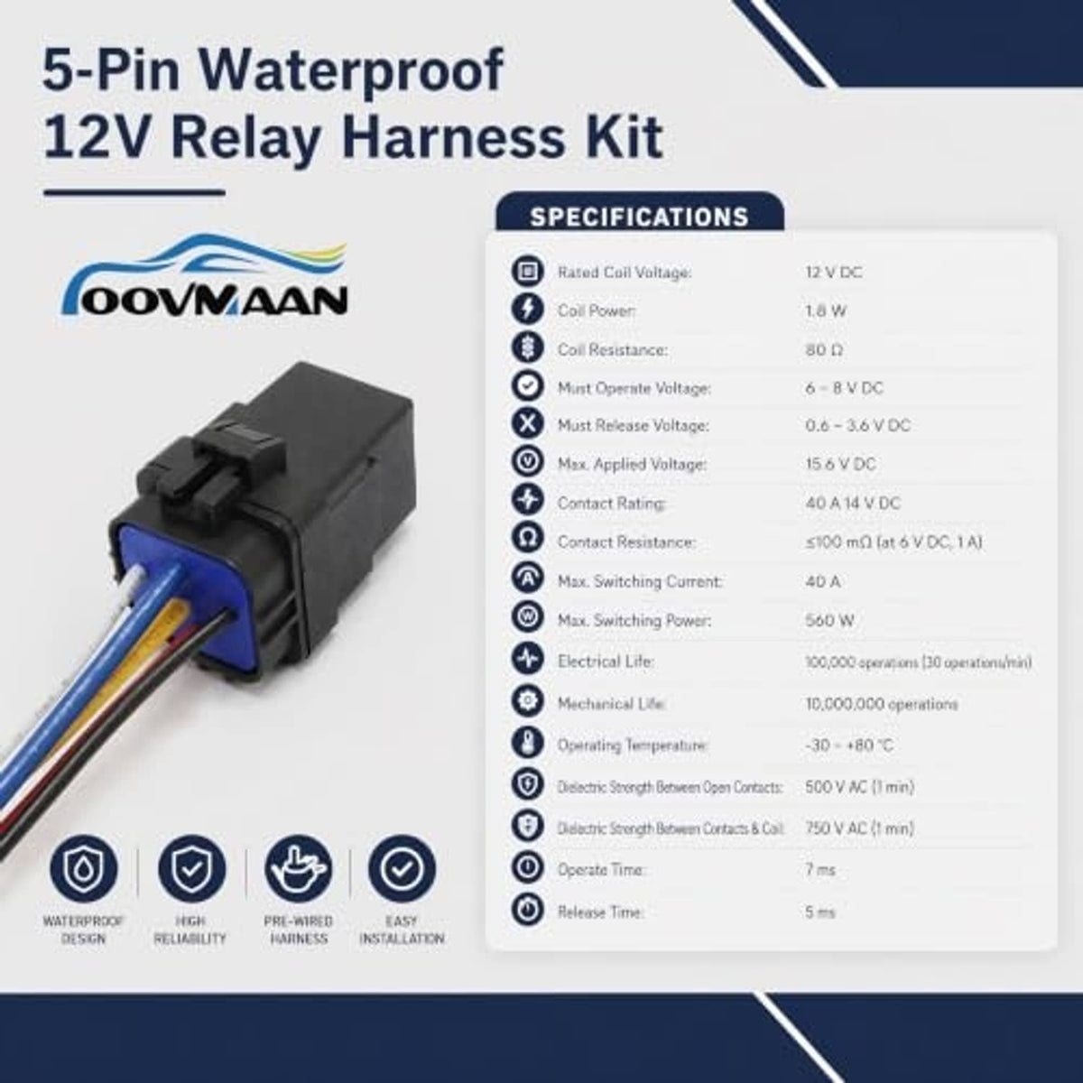 Black 5-pin relay harness kit with blue connector and color-coded wire leads