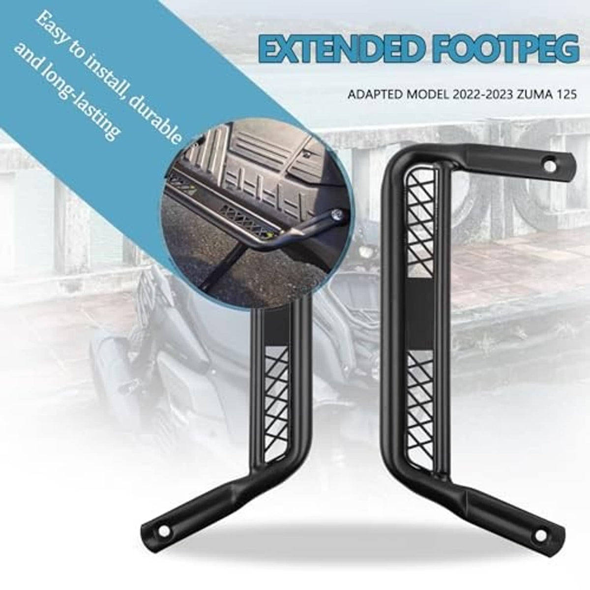Motorcycle extended footpegs set, black metal rails with crosshatch grip inserts