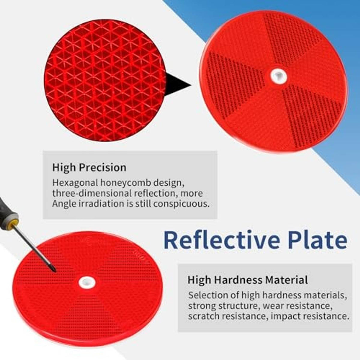 Red round screw-on reflector close-up showing reflective hexagon honeycomb texture
